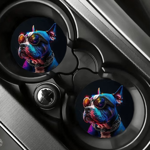 2pcs Rainbow Boxer/ Pitbull Sunglasses Dog Absorbent Car Cup Holder Coaster Mats - Picture 4 of 4